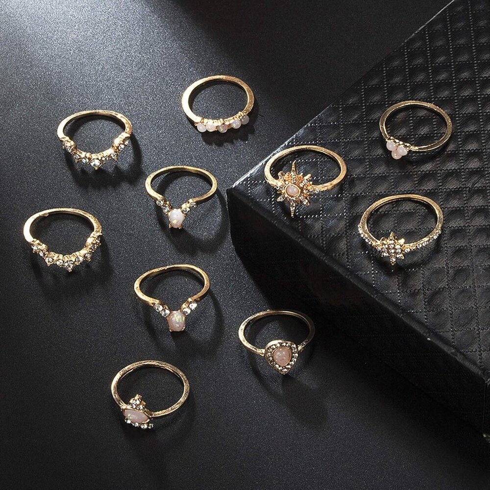 9-15PCS Knuckle Stacking Rings Set for Women Crystal Rhinestone Finger Statement - Picture 6 of 7